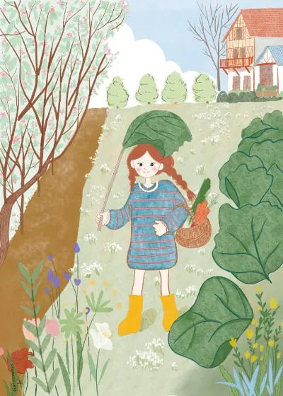 Poster Petites bottes jaunes à la cueillette